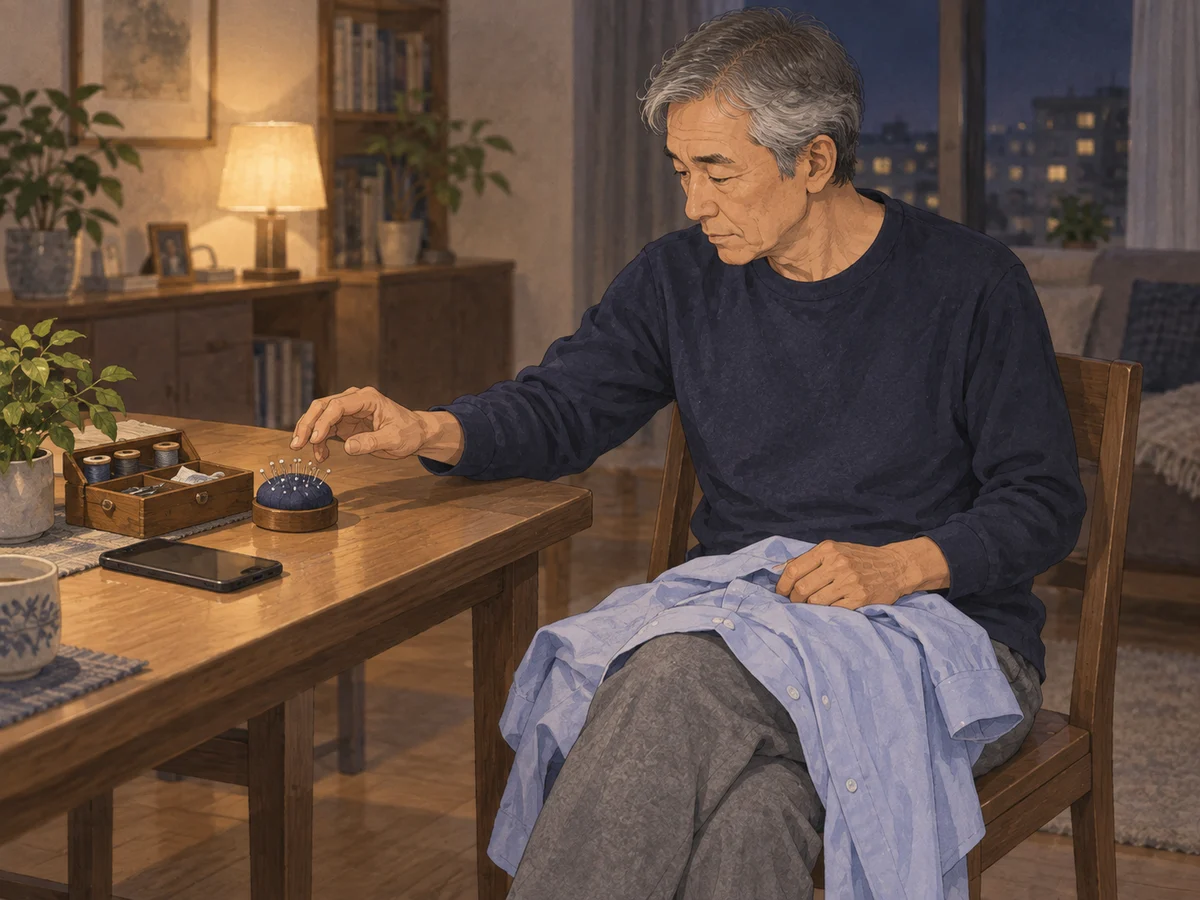 食卓でシャツを膝に広げ、裁縫道具へ手を伸ばしかけて止まる男性
