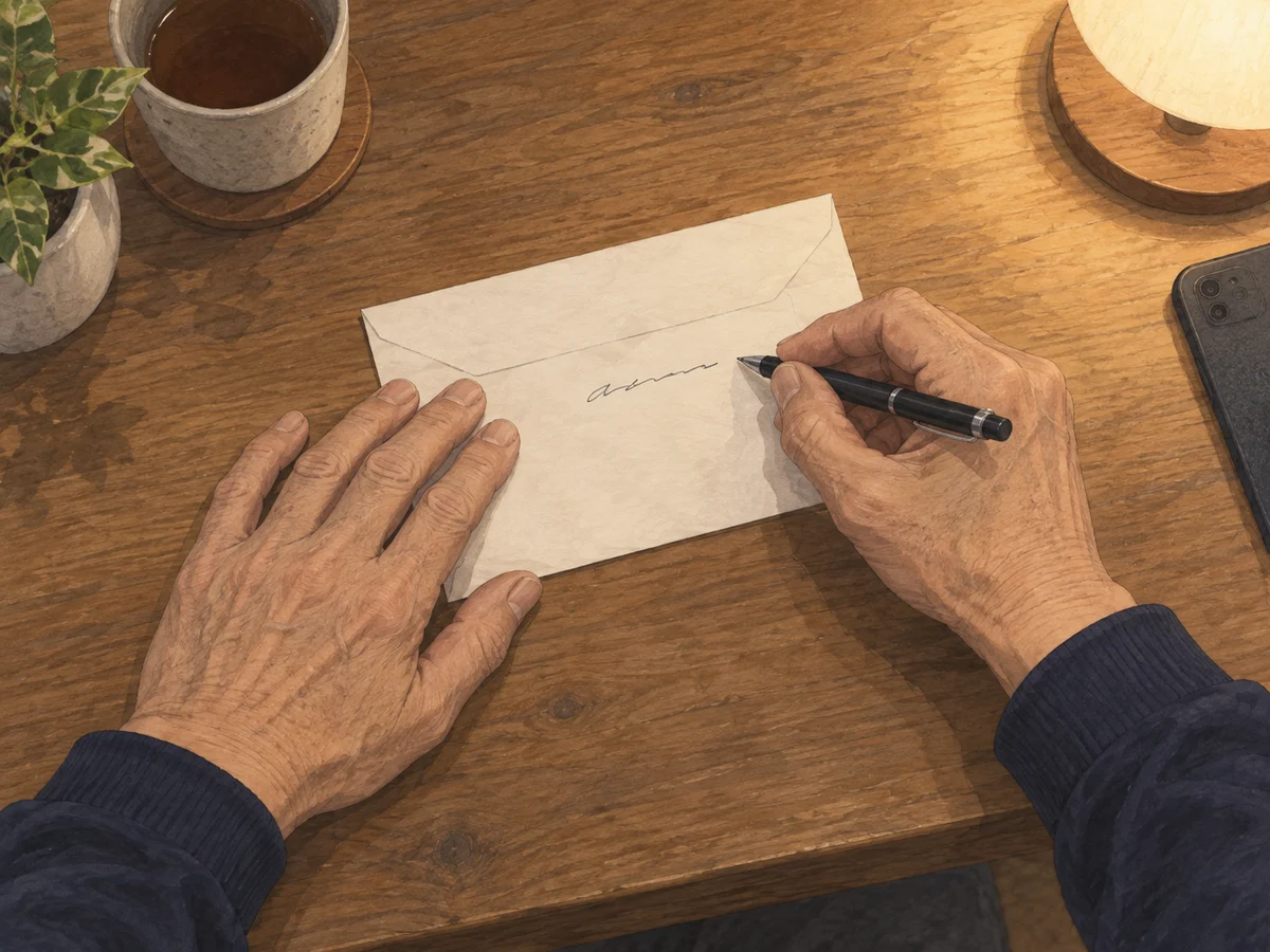 封筒の裏に一行を書き、ペンを止める男性の手元