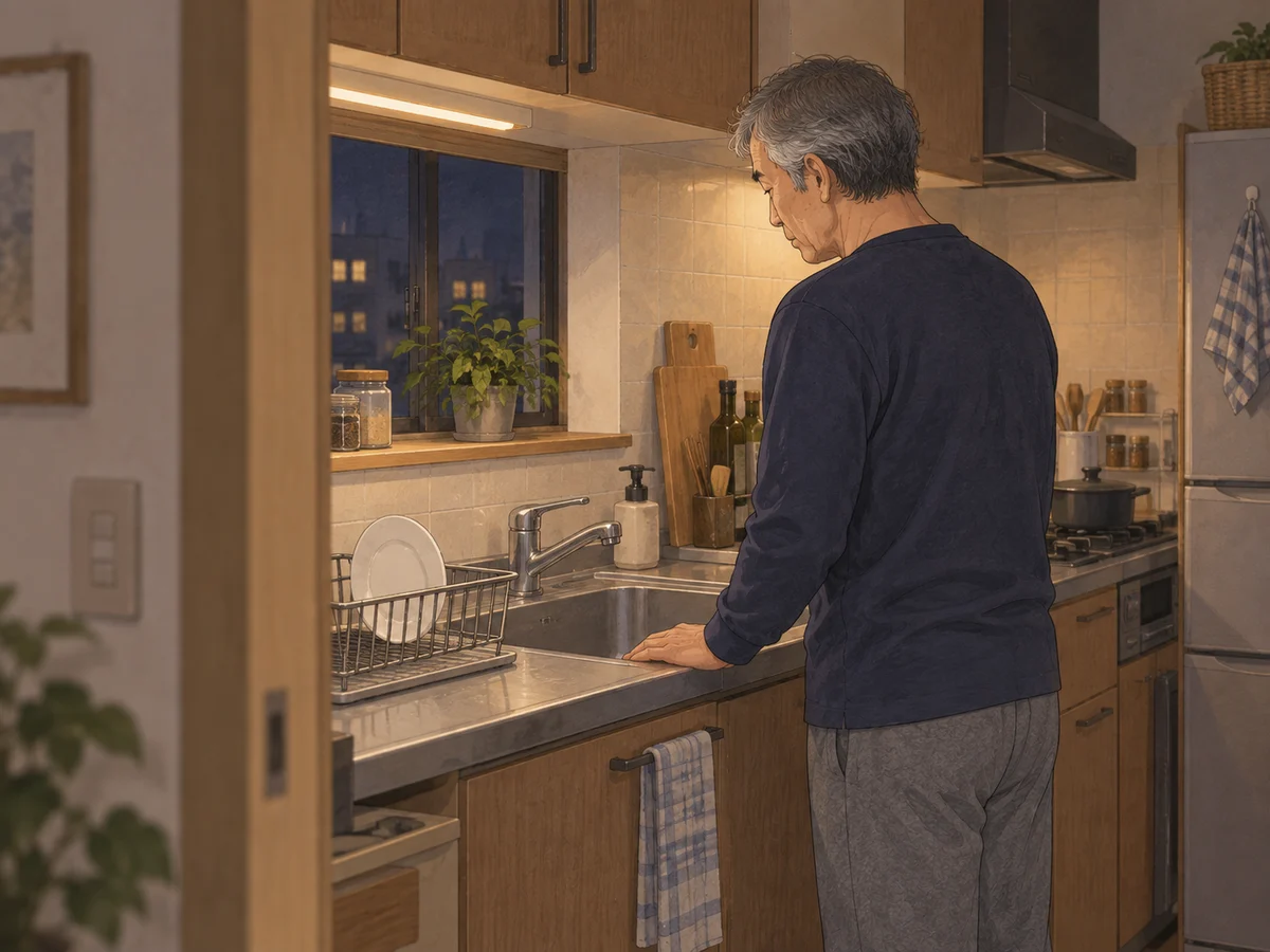 皿を洗い終え、蛇口を閉めた流しの前に立つ男性