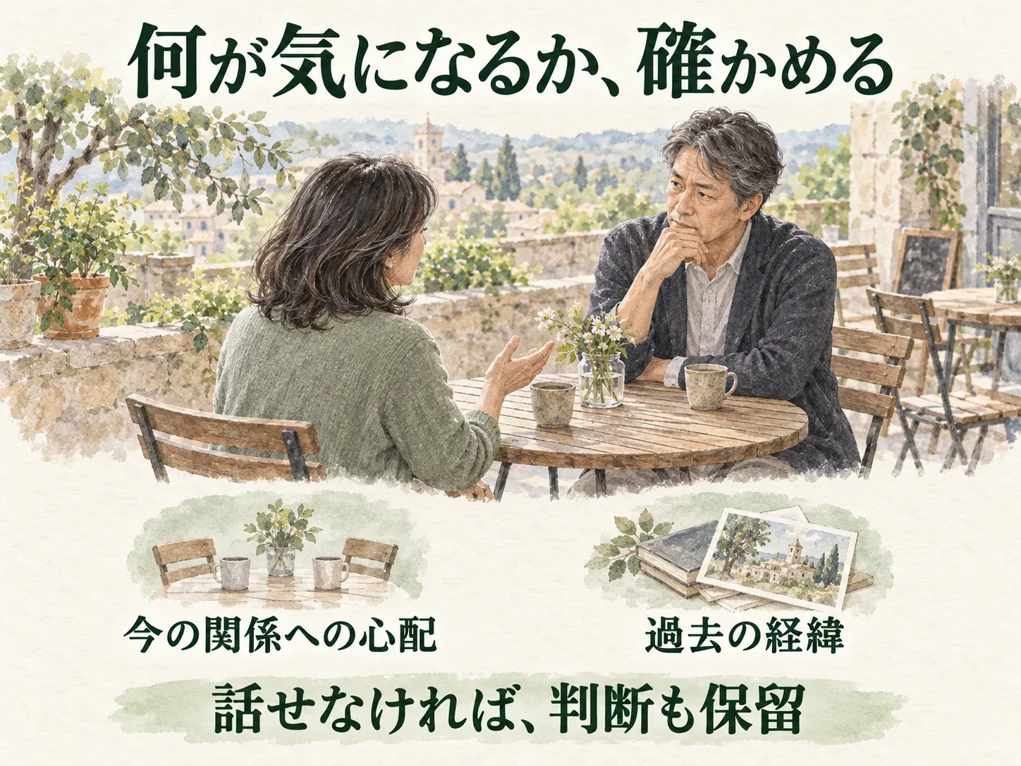 気になる点が今の関係への心配か過去の経緯かを確かめる会話のイメージ。話せなければ判断も保留する。