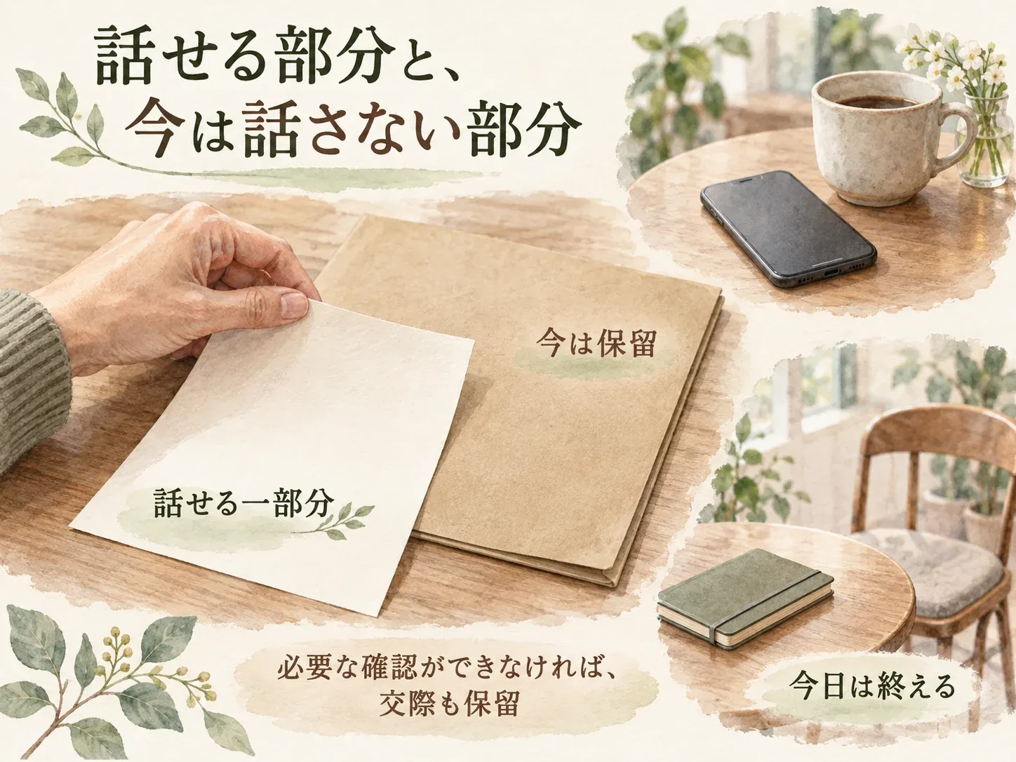 話せる一部分を選ぶ、保留する、今日は話を終える選択肢。必要な確認ができなければ交際の判断も保留する。