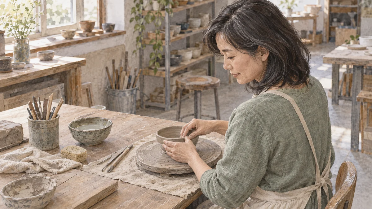 陶芸の作業台で、小さな器の形を両手で整える女性