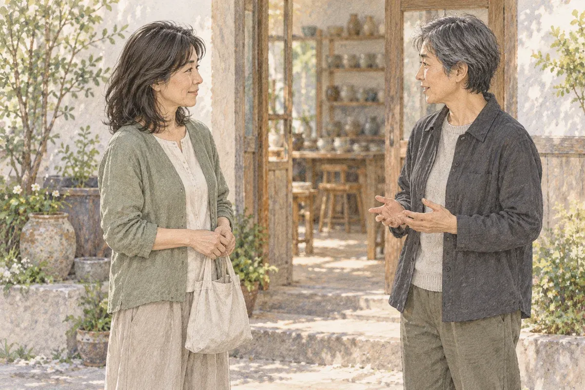 陶芸教室の入口付近で、布袋を持つ女性ともう一人が立って話す場面