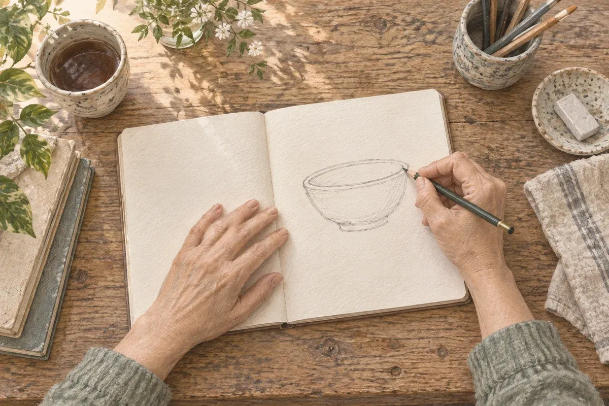 ノートに器の輪郭を鉛筆で描く手元