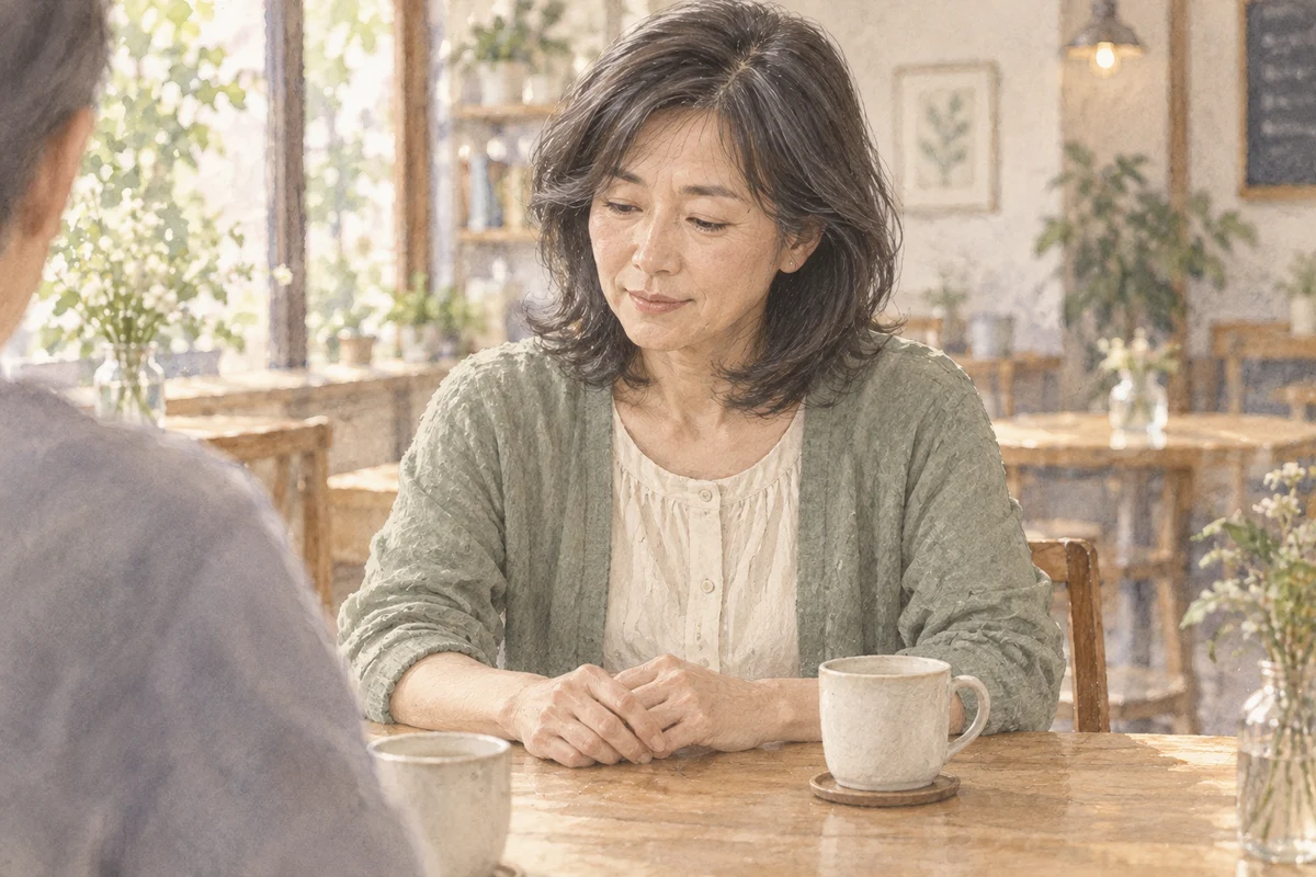 喫茶店のテーブル越しに、少し視線を下ろして話す女性