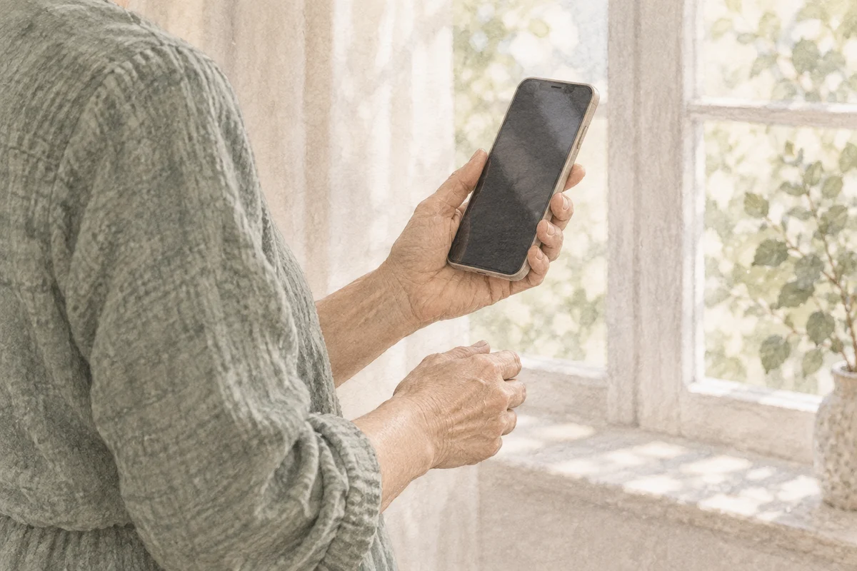 窓のそばで、暗い画面のスマートフォンを持つ手元