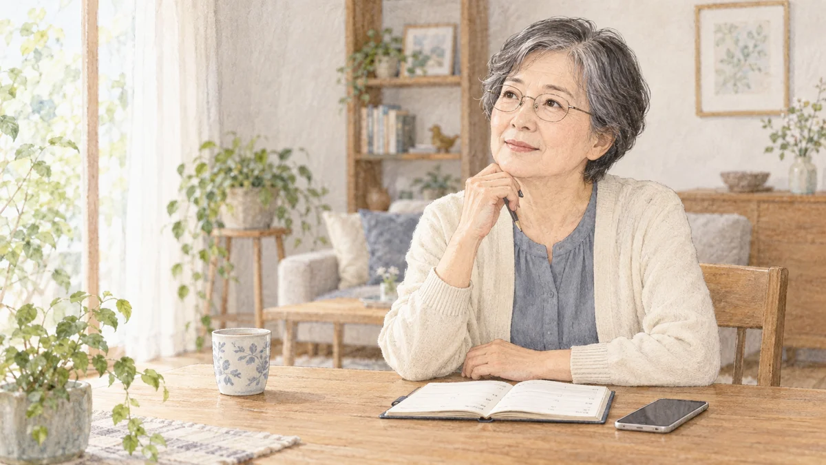 手帳と暗い画面のスマートフォンを前に座る女性