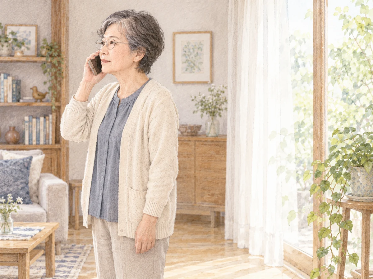窓辺に立ち、スマートフォンを耳に当てる女性