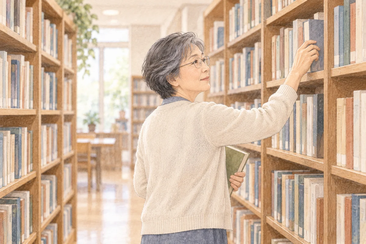 図書館の棚から本を選ぶ女性