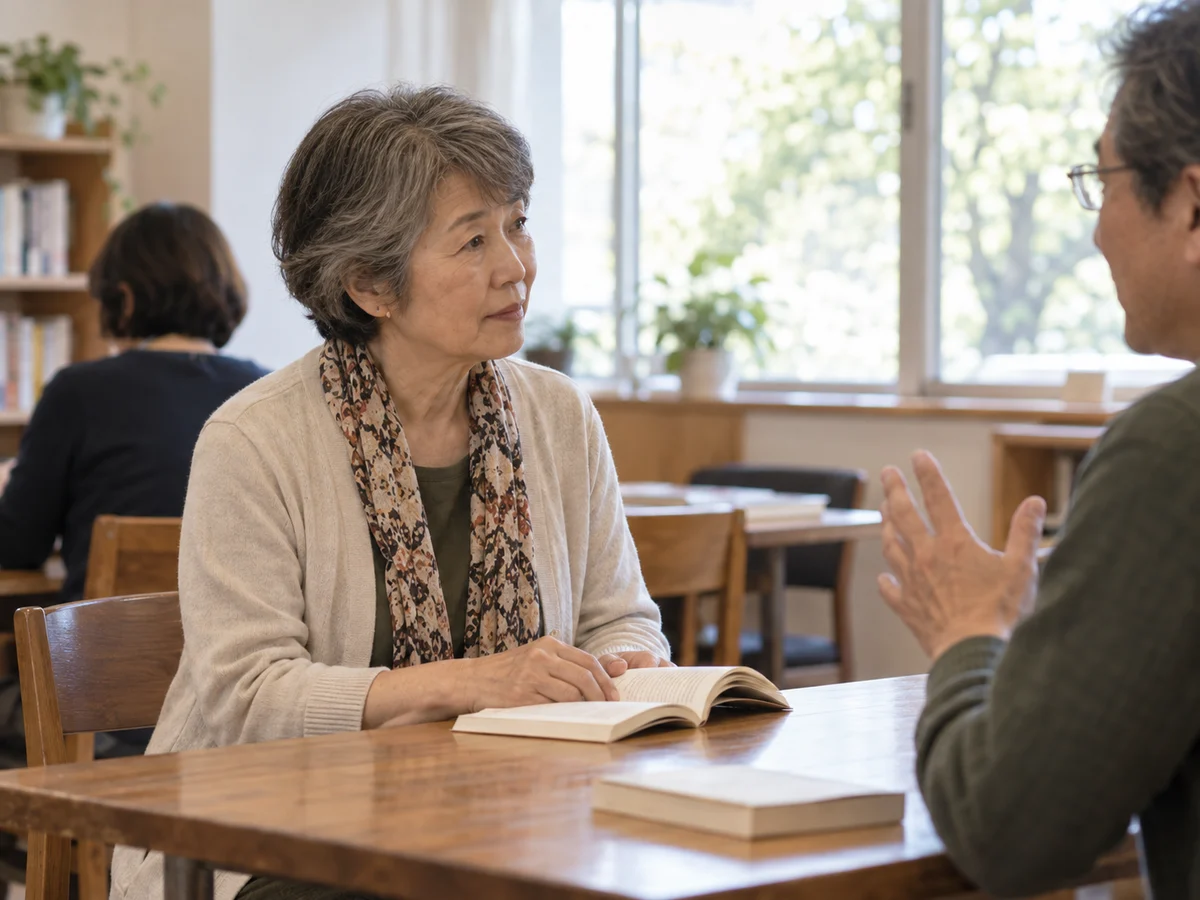 読書会で、本について相手の話を聞く女性