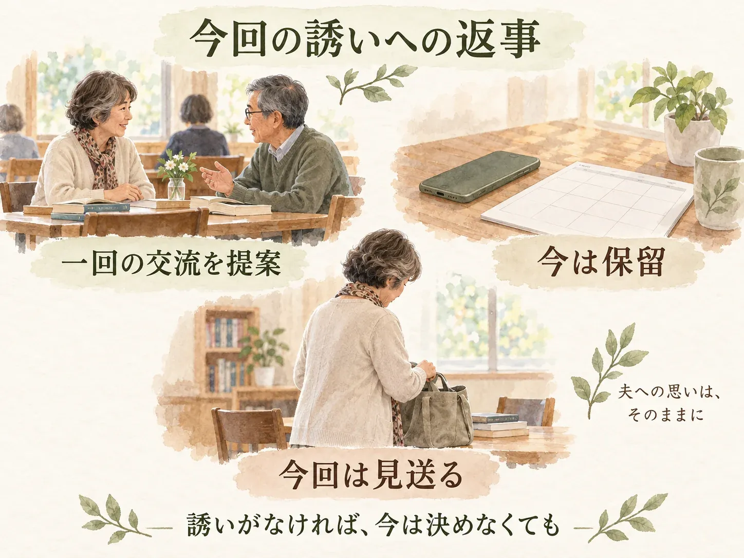誘いへの返事として、一回の交流を提案、保留、見送りを選ぶ。誘いがなければ今は決めず、夫への思いはそのままにできる。