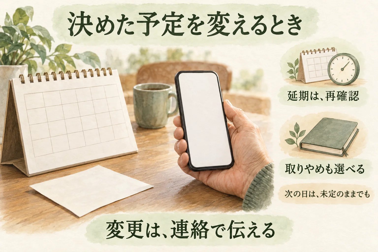 決まった予定の変更を連絡し、延期は再確認、取りやめは次の日を未定にできる。