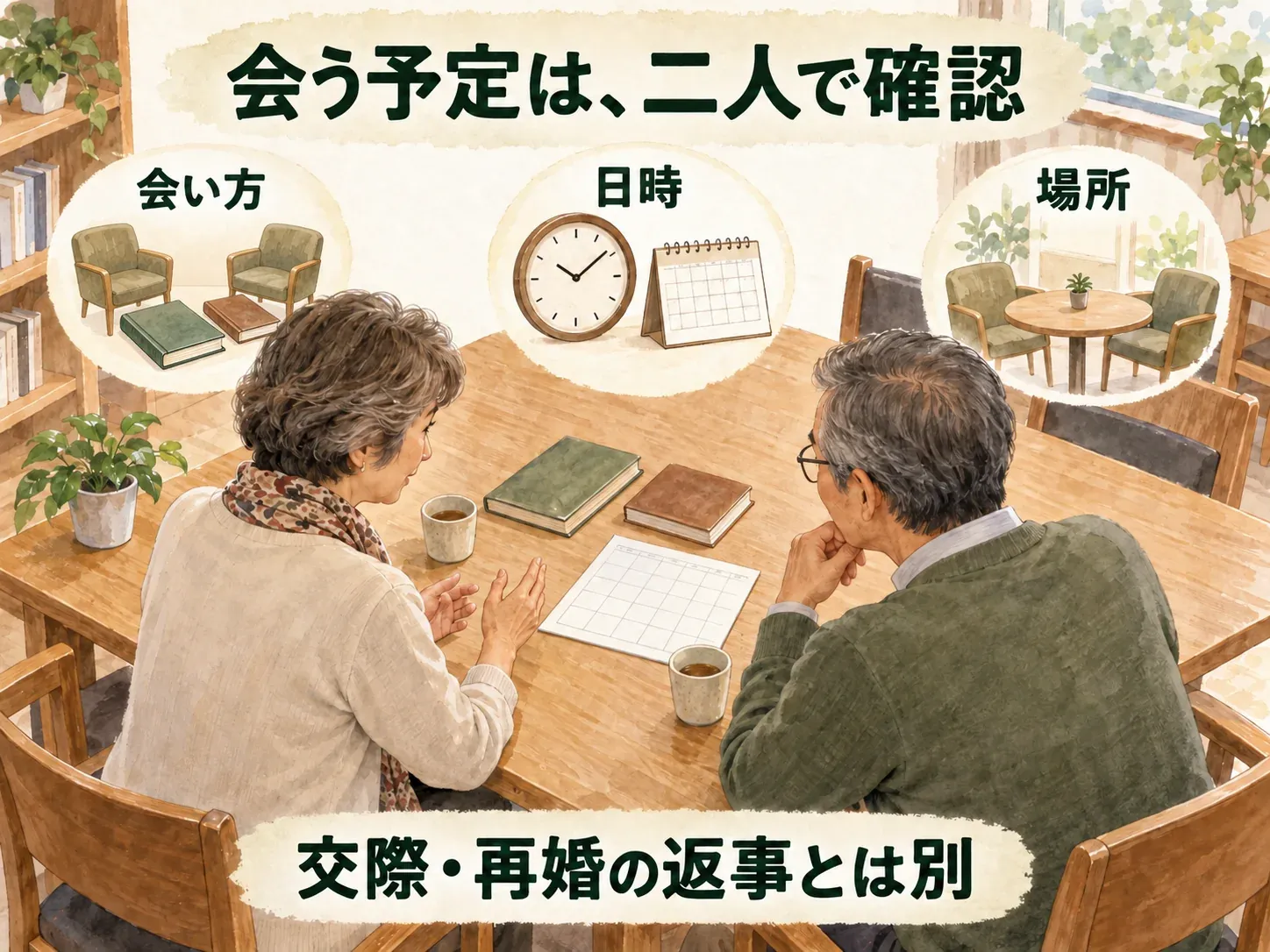 会う方法、日時、場所を二人で確認する。交際や再婚の返事は別に考える。