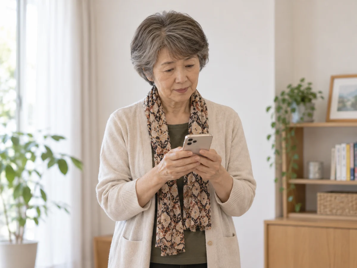 スマートフォンで、予定変更を伝える言葉を確かめる女性