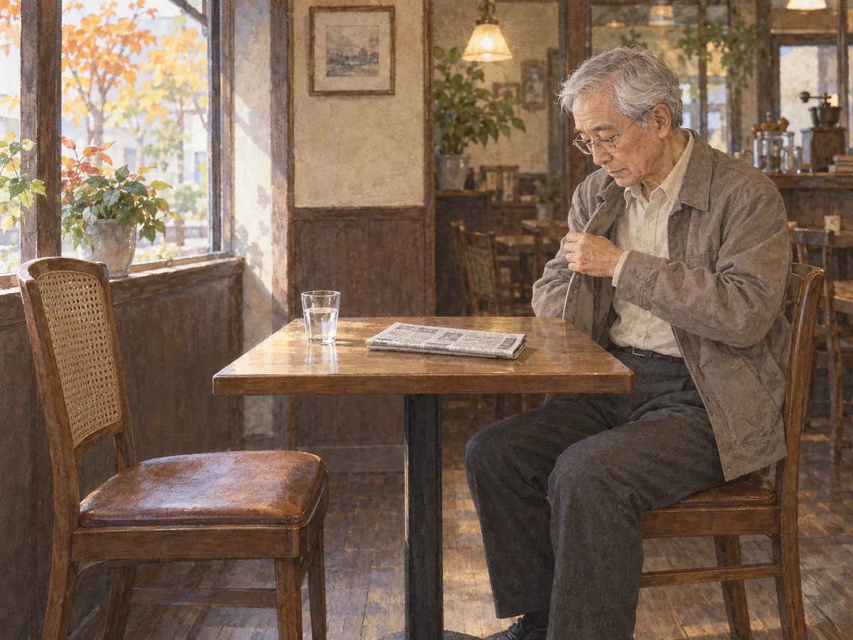 喫茶店の席で、上着を脱ぎかけた手を止める男性
