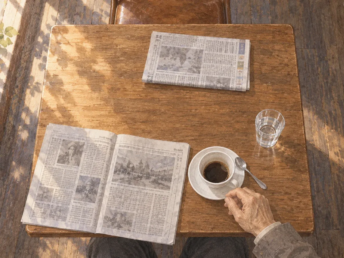 一杯のコーヒーと、テーブルの向かい側へ置かれた新聞