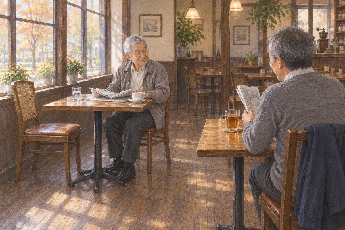 別々のテーブルで、新聞をきっかけに言葉を交わす男性二人