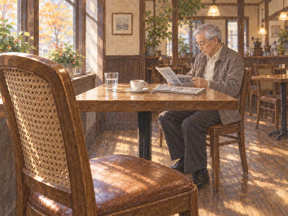 空いた椅子の向こうで、返された新聞を読む男性