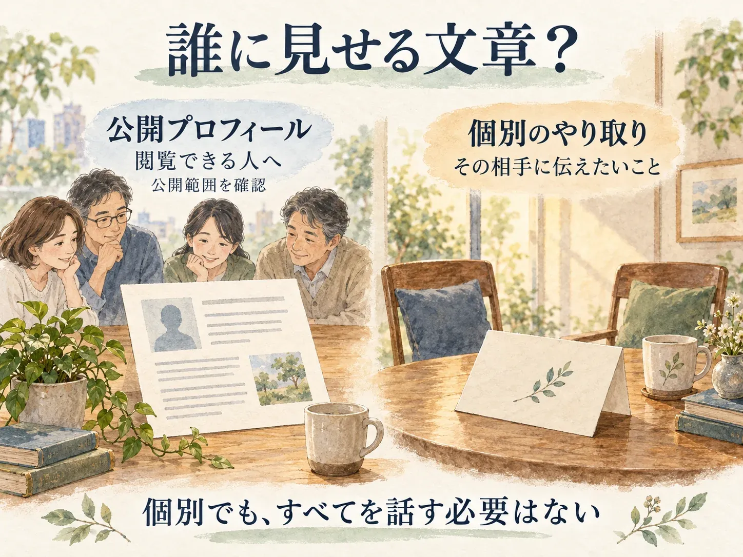 公開プロフィールは閲覧できる人へ、個別のやり取りはその相手に伝えたい範囲を選ぶ。公開範囲を確認し、個別でもすべてを話す必要はない。