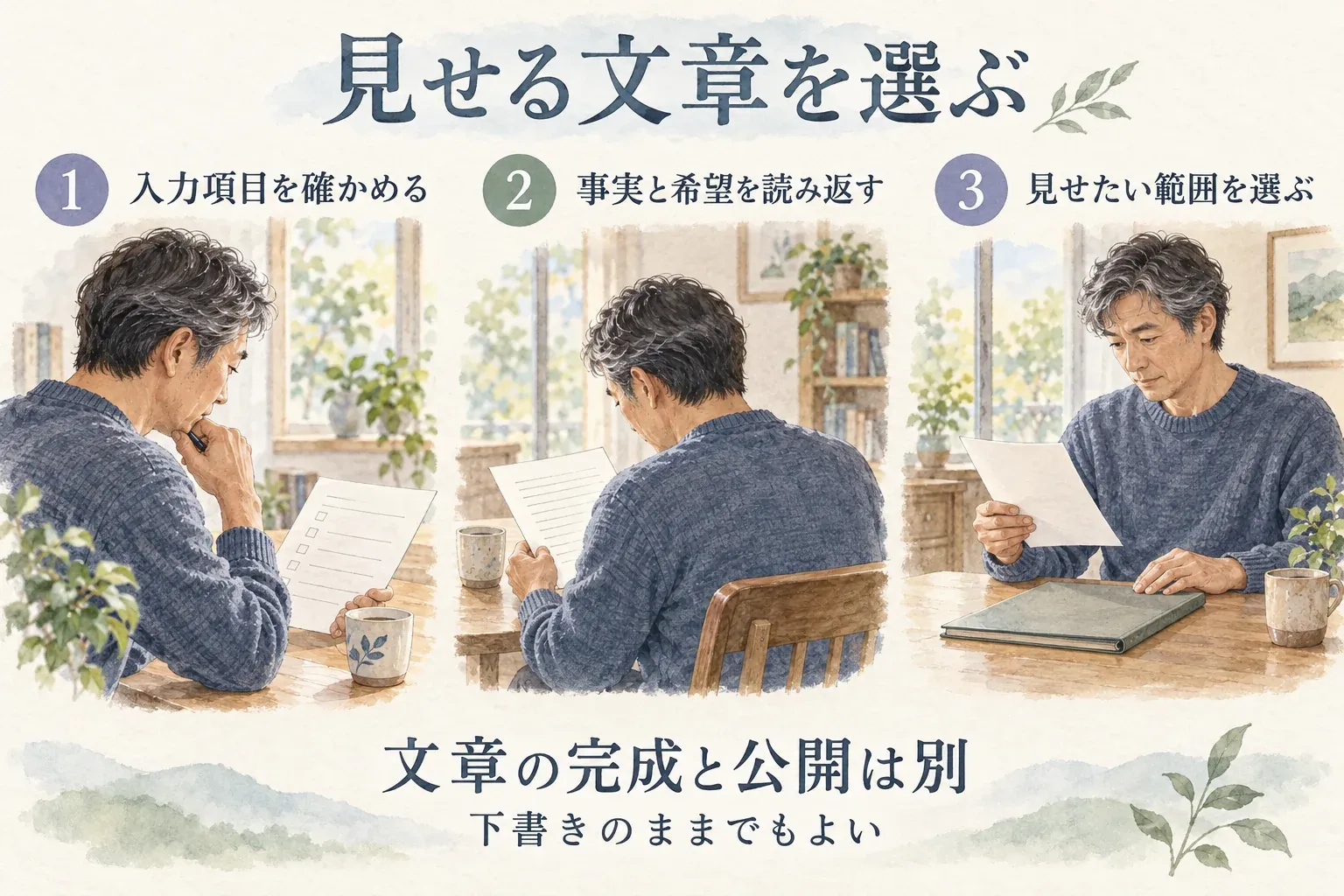 入力項目を確かめ、事実と希望を読み返して見せたい範囲を選ぶ。文章の完成と公開は別で、下書きのままでもよい。