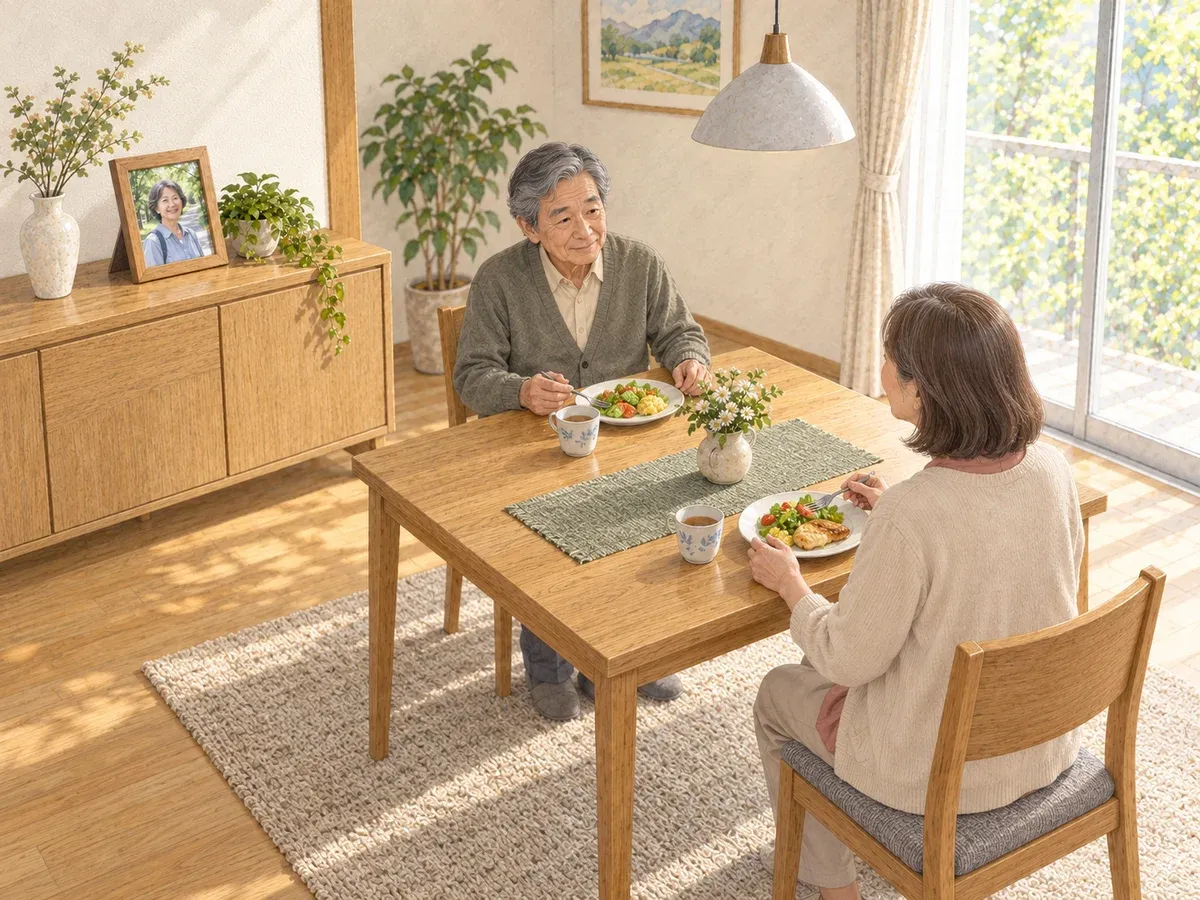 食卓で向かい合い、棚の写真が見える位置に座る二人のイメージ