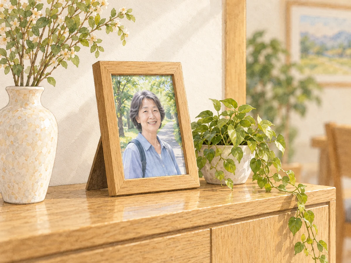 花瓶と植物の間に飾られた、旅行先で撮った妻の写真のイメージ