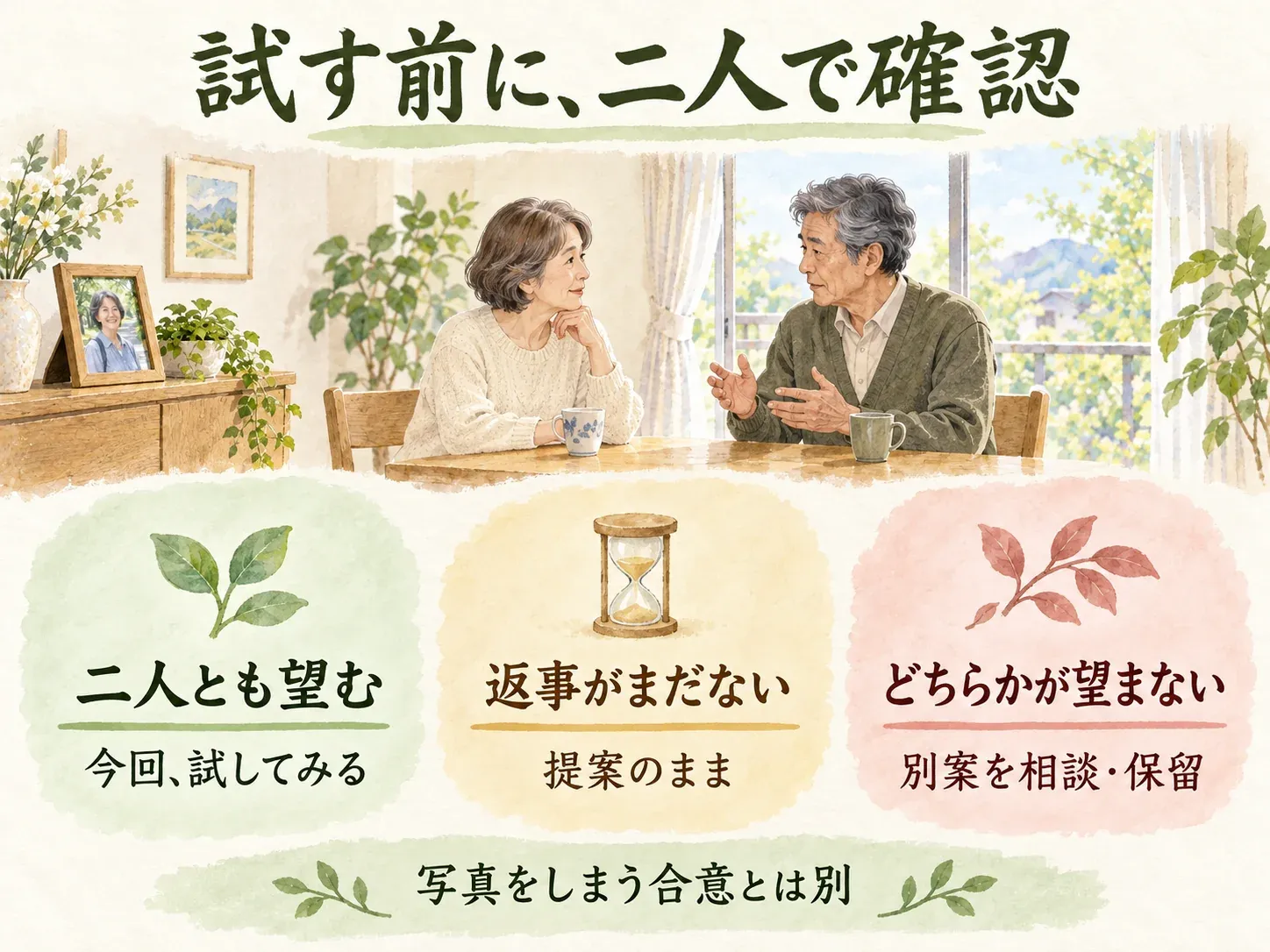 提案を試す前に二人の希望を確認。二人とも望むなら今回試し、返事がまだなら提案のまま、望まないなら別案を相談または保留。写真をしまう合意とは別。