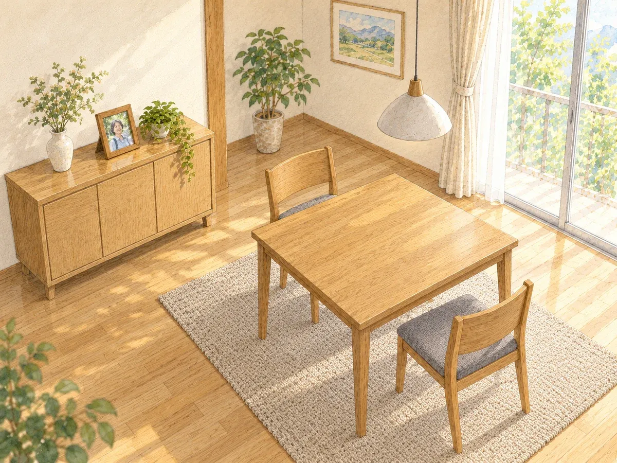 棚の写真と向かい合う二つの席がある、一人暮らしの部屋のイメージ