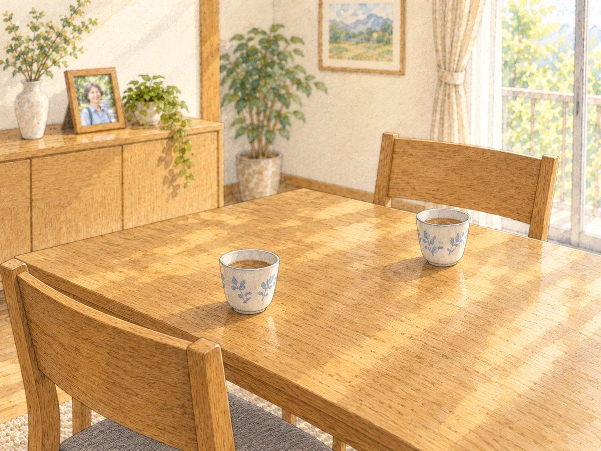 二人の時間を表す、食卓に置かれた二つのカップのイメージ