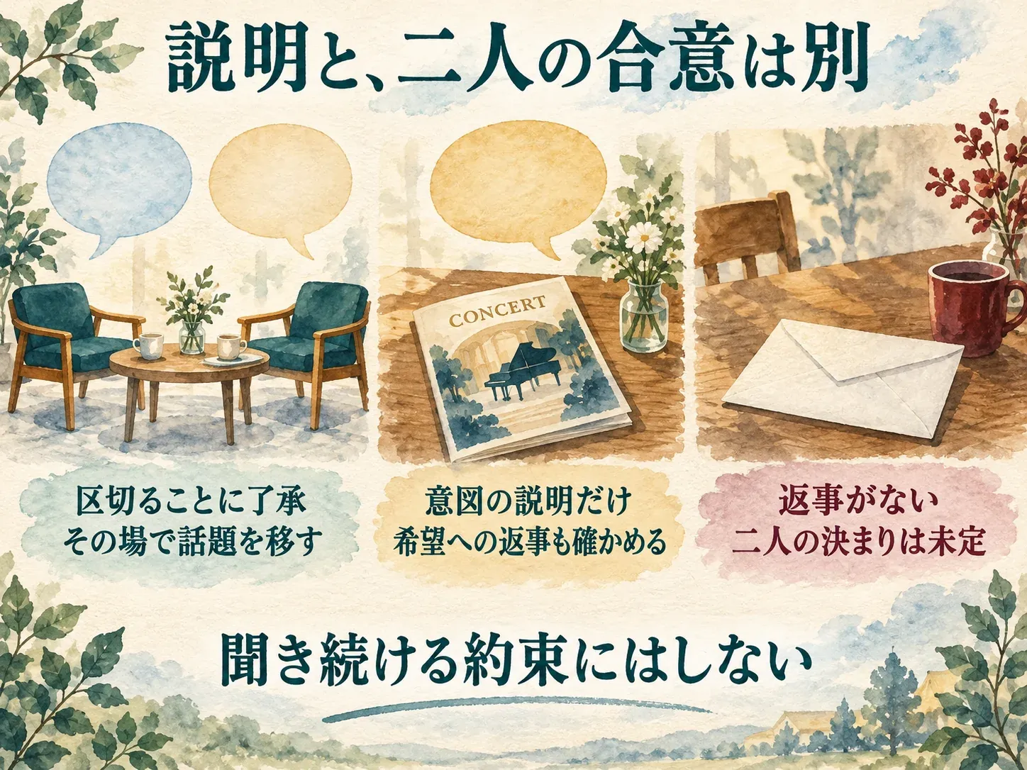 区切ることへの了承、意図の説明だけ、返事なしを区別。希望への返事も確かめ、返事なしを二人の決まりにせず、聞き続ける約束にはしない。