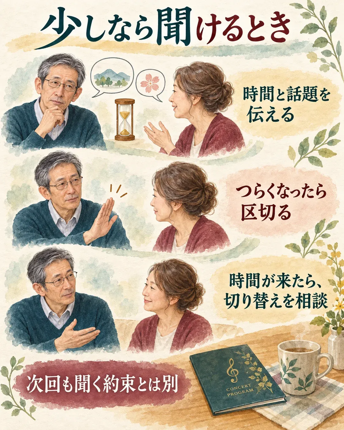 少しなら聞けるとき、時間と話題を伝え、途中でつらくなったら区切る。時間が来たら切り替えを相談し、次回も聞く約束とは分ける。