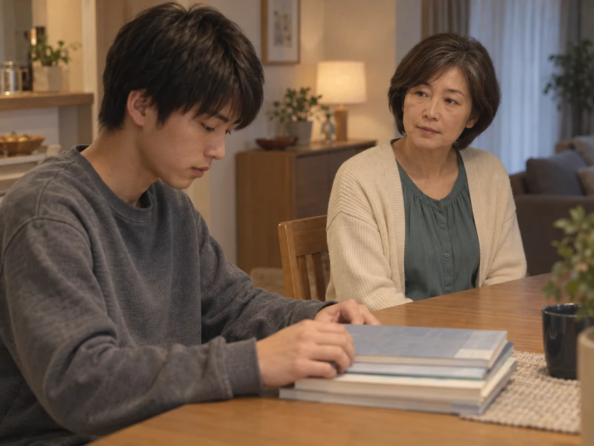 翌日の教材に手を添える高校生と、斜め向かいに座る母親のイメージ