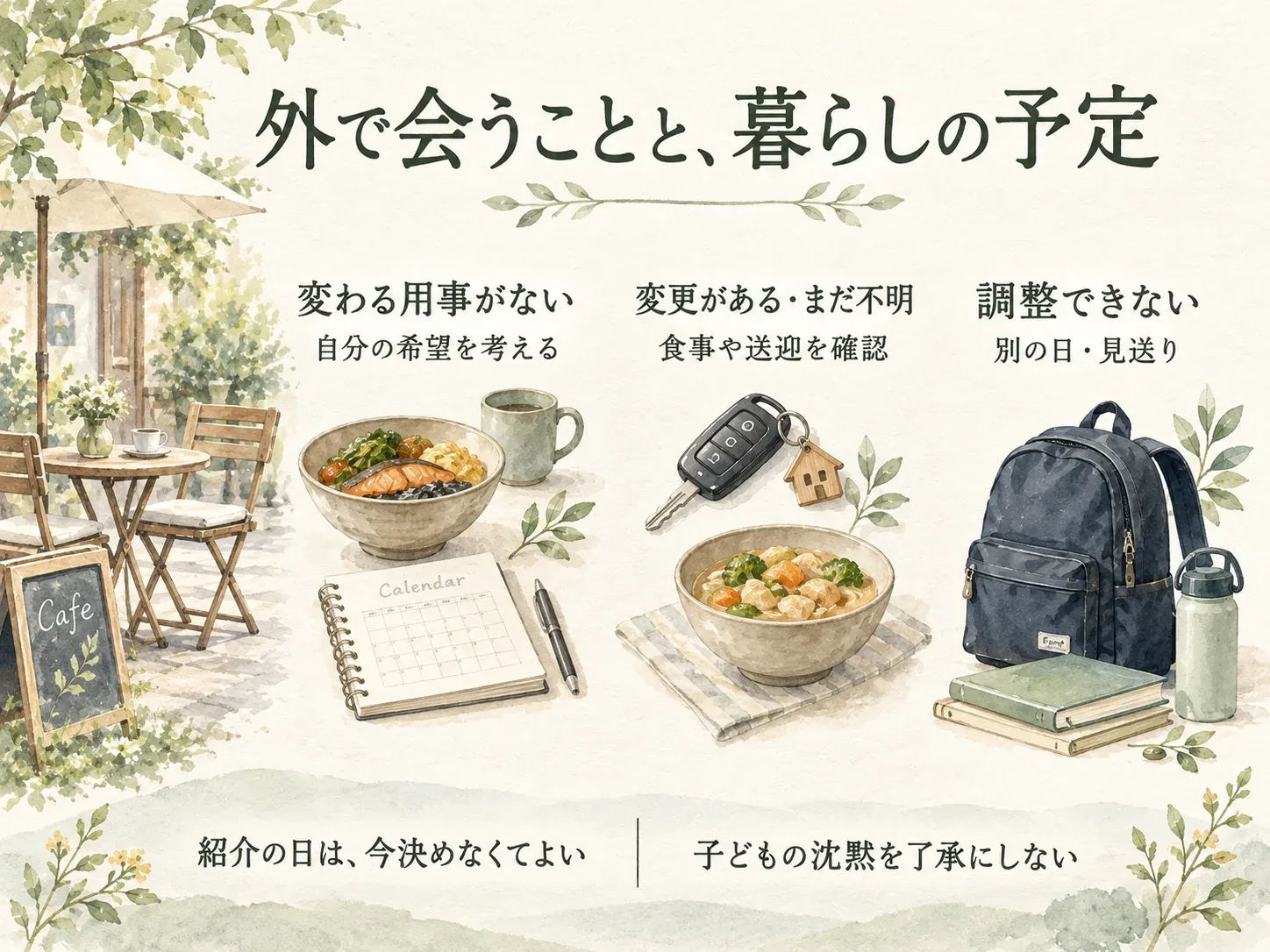 外で会う希望と子どもの暮らしの予定を分ける。変わる用事がなければ希望を考え、変更があるか不明なら食事や送迎を確認。調整できなければ別の日や見送り。紹介日を急がず、沈黙を了承にしない。