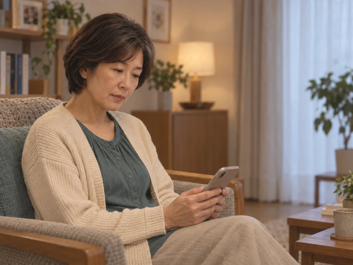 スマートフォンを手に、伝える言葉を考える母親のイメージ