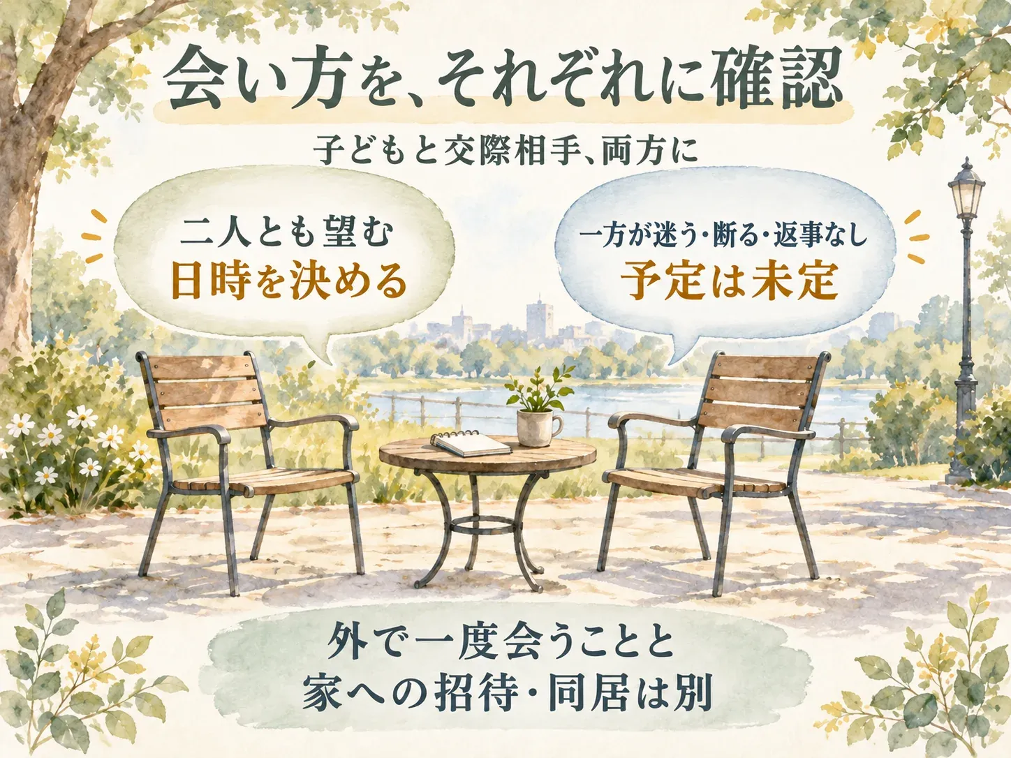 子どもと交際相手それぞれに具体的な会い方を確認。二人とも望むとき日時を決め、一方が迷う・断る・返事なしなら予定は未定。外で一度会うことと家への招待・同居は別。