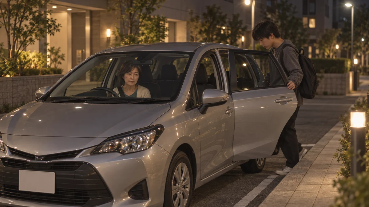 停車した車で母親が待ち、息子が鞄を持って乗り込む塾迎えの日常のイメージ