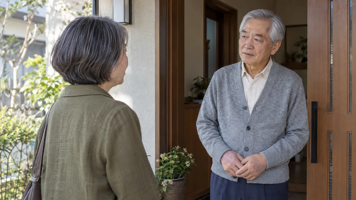玄関先で妹の話を聞く男性のイメージ