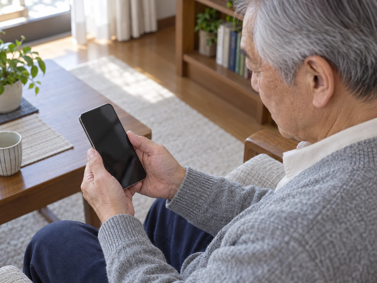 スマートフォンを手に、妹に返す言葉を考える男性のイメージ