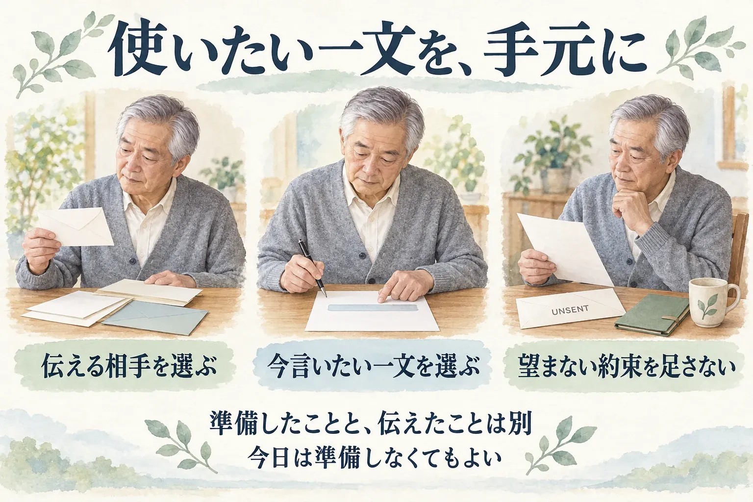 伝える相手と今言いたい一文を選び、望まない約束を足していないか確かめる。準備したことと伝えたことは別で、今日は準備しなくてもよい。