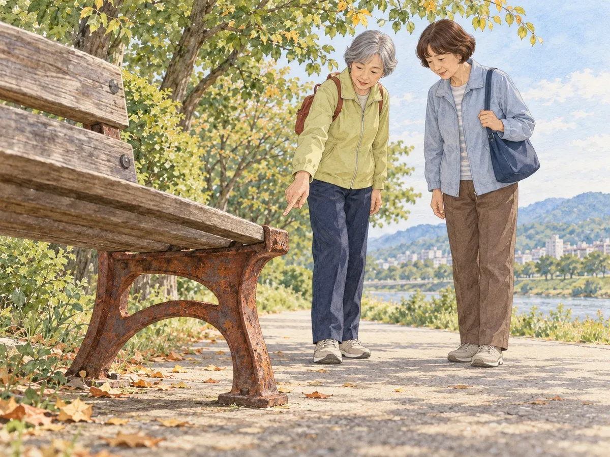 錆びたベンチの脚を指す千鶴と、その先を見る早苗のイメージ