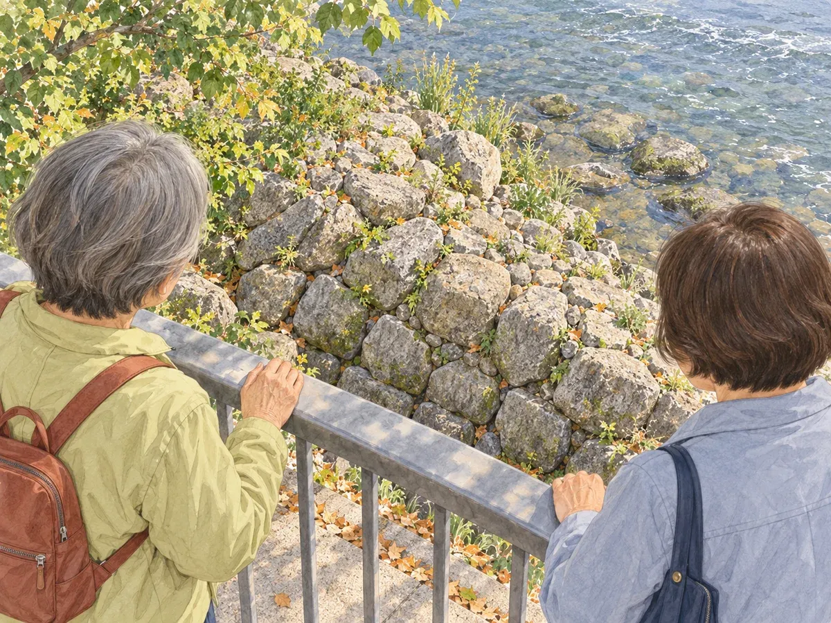 川岸の手すりの内側から石積みの隙間を見る二人のイメージ
