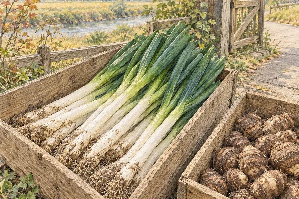 直売台の木箱に並ぶ長ねぎと里芋のイメージ