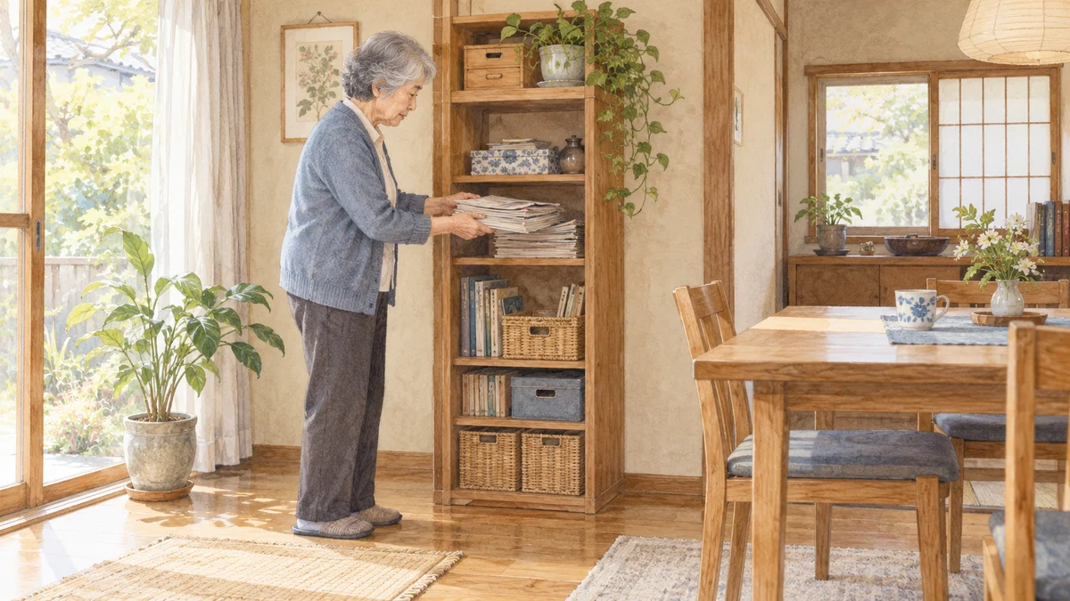 自宅の棚から紙の束を取り出す女性のイラスト