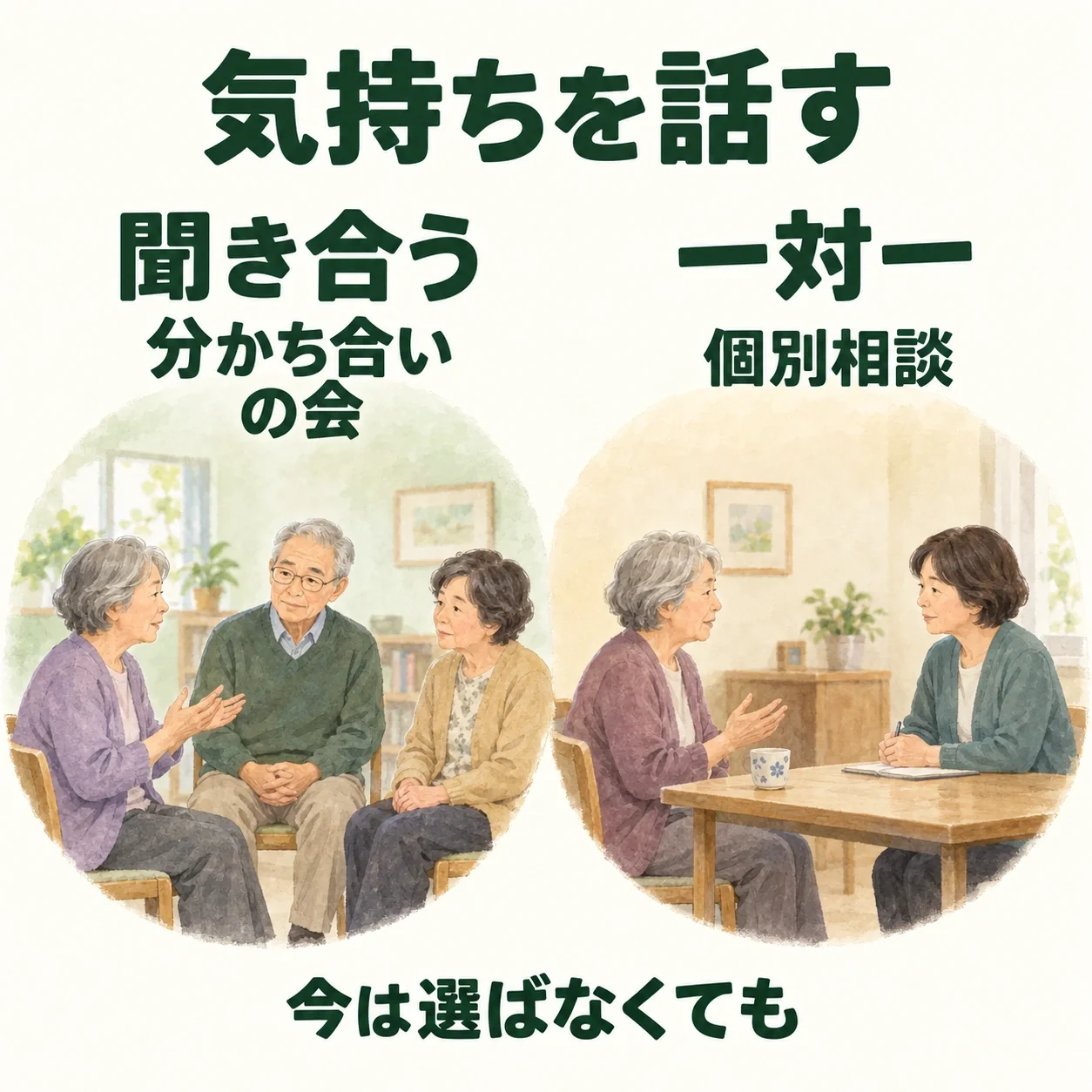 分かち合いの会で聞き合う場面と、一対一の個別相談の場面。今は選ばなくてもかまいません。