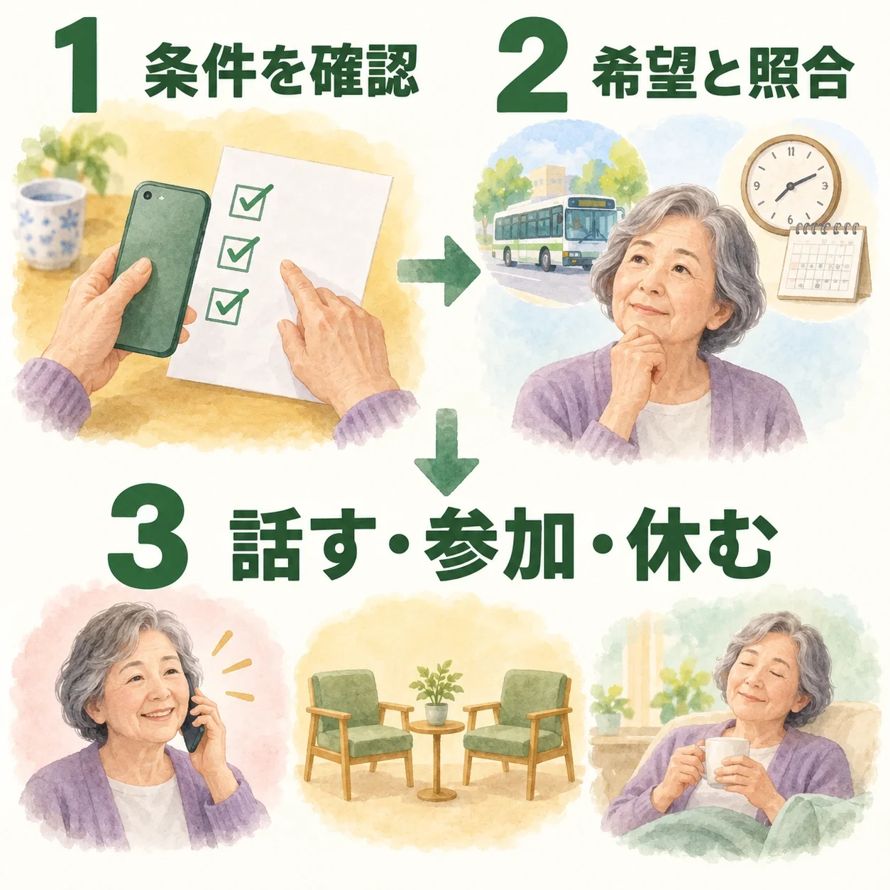 条件を確認し、自分の希望と照合して、話す・参加・休むを選ぶ三ステップのイラスト。