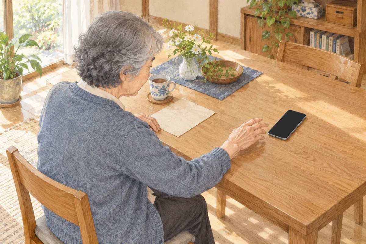 連絡前に机の消灯したスマートフォンへ手を伸ばそうとする女性のイラスト