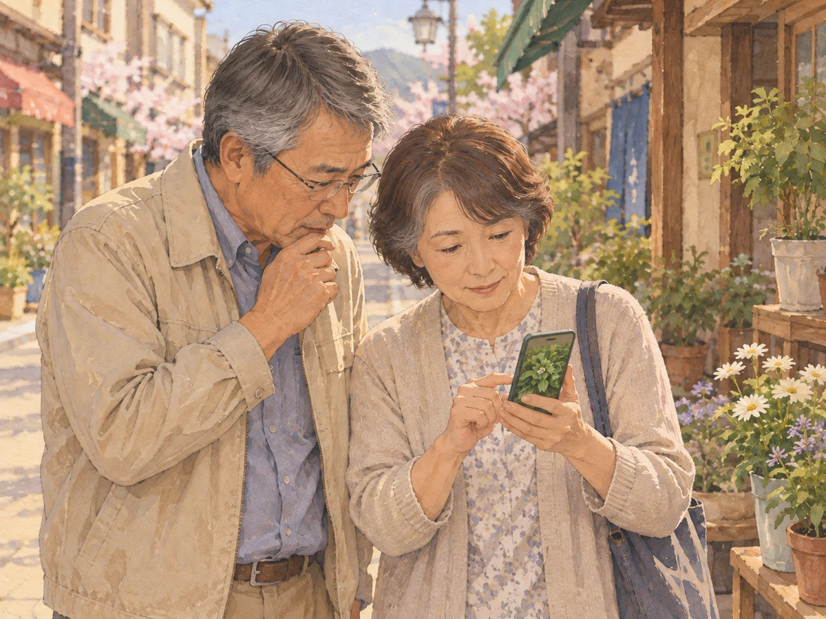 商店街で、女性が持つ携帯電話の花の写真を一緒に見る二人のイラスト