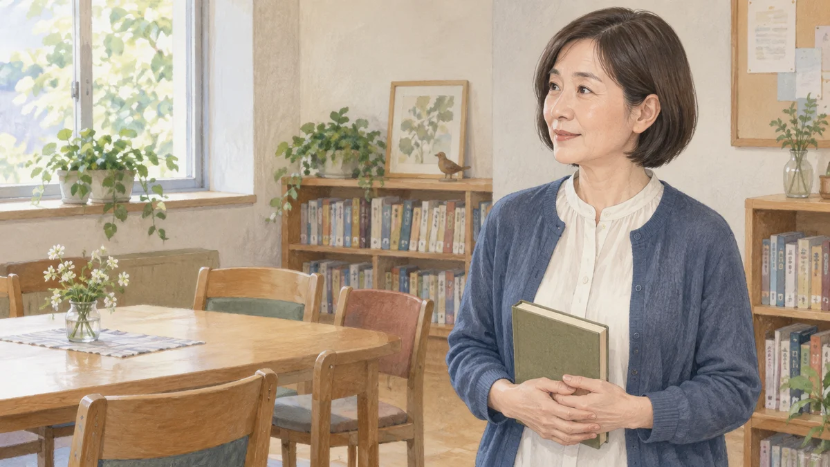 本を手に、読書会の会場で人の方へ顔を向ける女性のイラスト