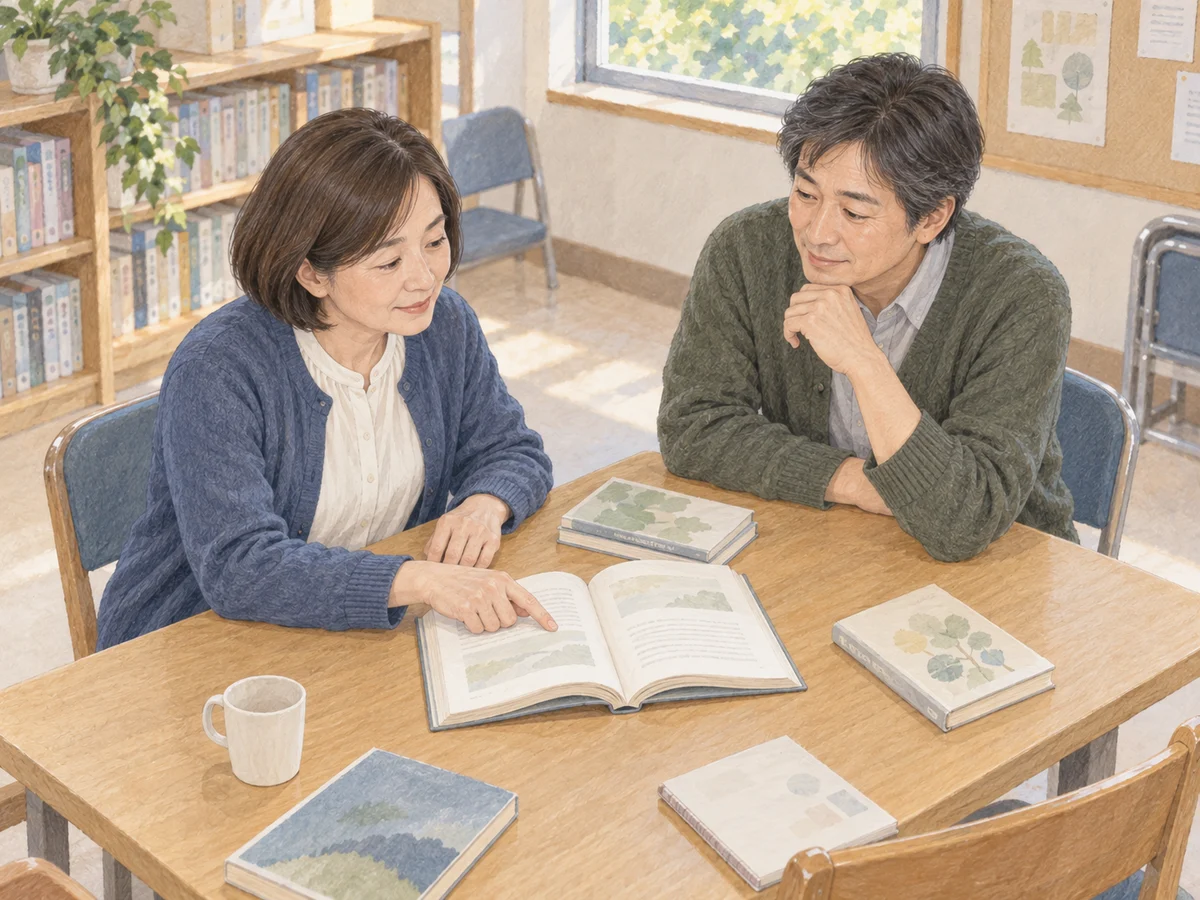 読書会で、開いた本を見ながら話す二人のイラスト