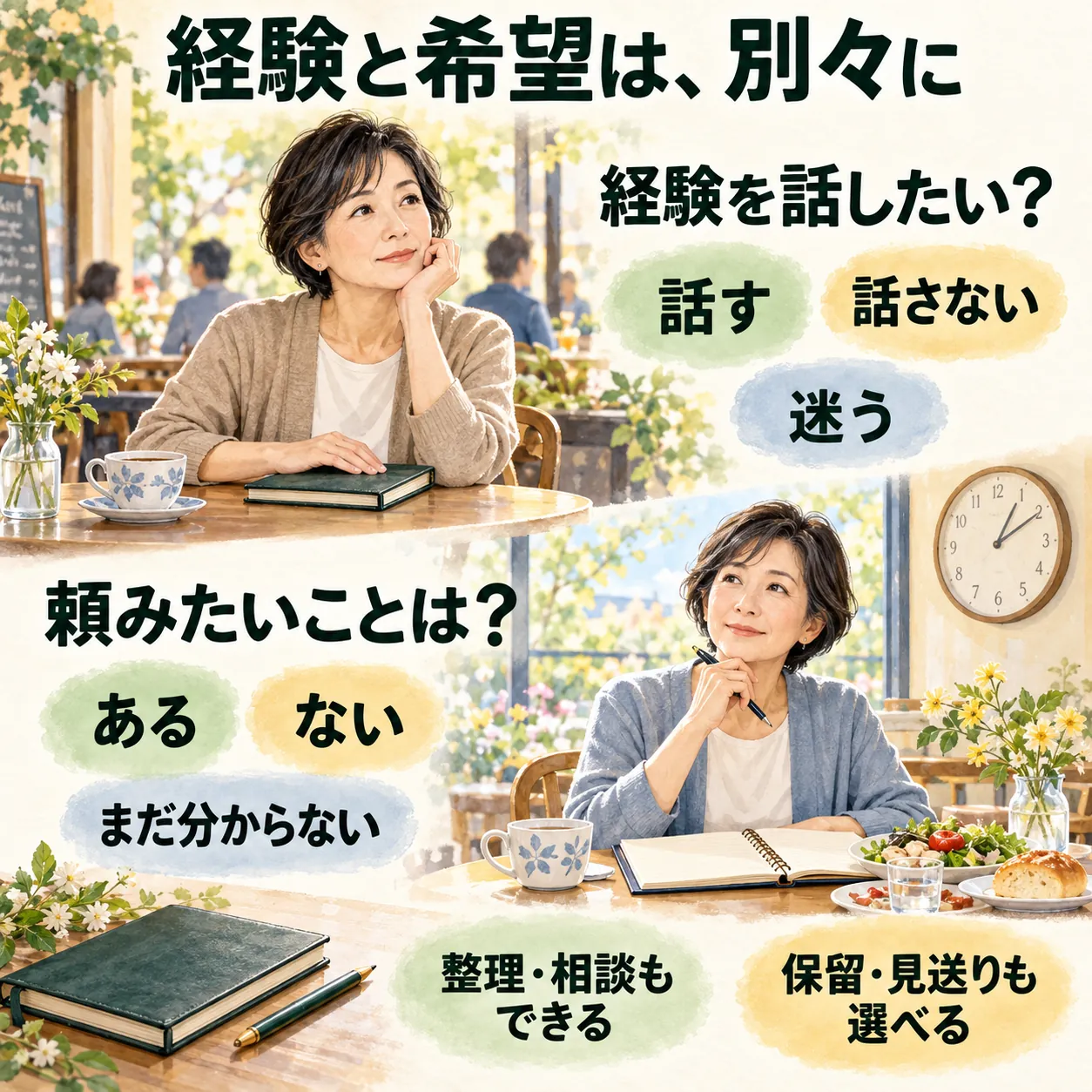 経験を話すかどうかと、会い方への希望を別々に考える図。話さないことや迷い、希望がない場合、整理・相談、保留・見送りも選べます。